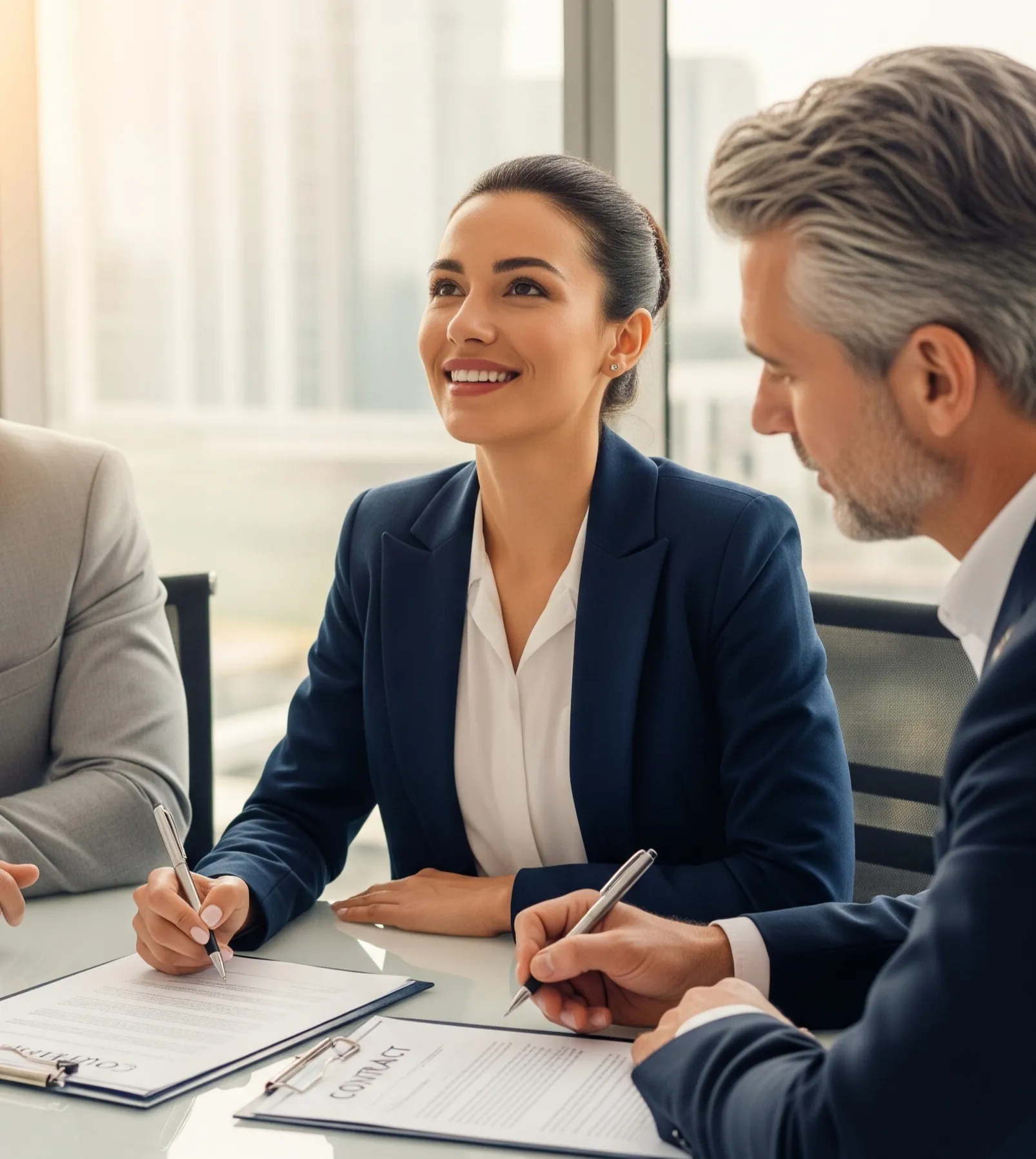 Deux avocats et un couple autour d'une table de travail